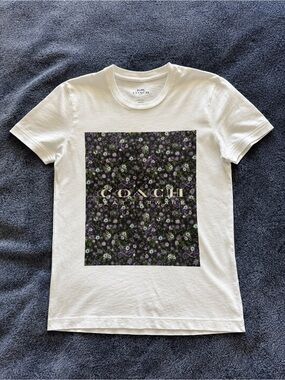 Coach White Tee with Purple and Green Floral Logo Panel